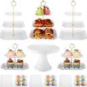 12 Pcs Dessert Table Display Stand Set Include 5 Square Cupcake Stand Holder Tier Tower 1 Cake Holder 6 Rectangular Serving Tray Combo for Party Birthday Baby Shower Wedding (White,Gold)