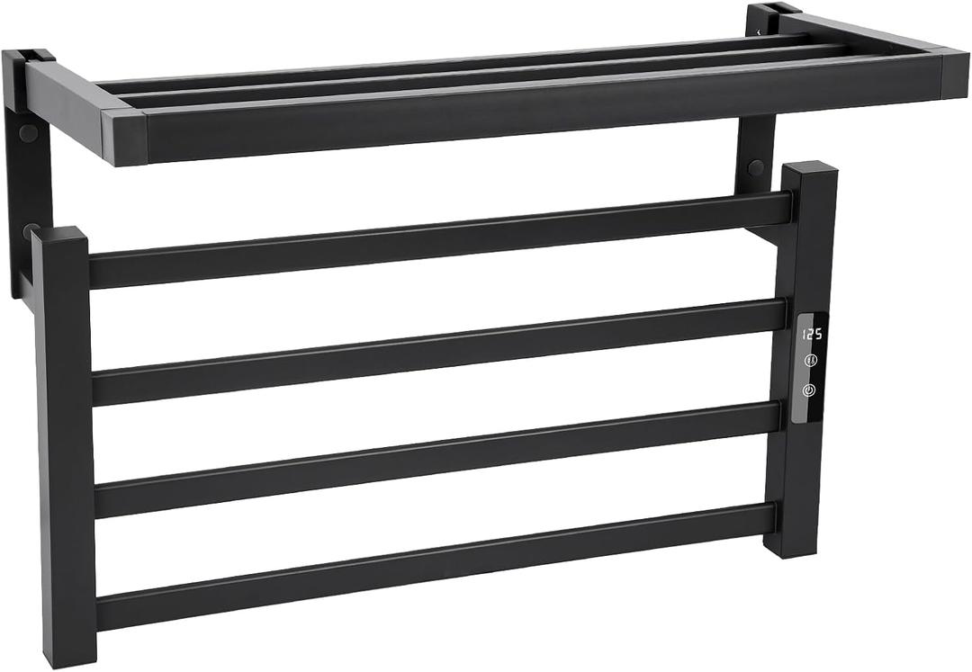 4 Bars Towel Warmer Rack with Top Shelf, Electric Wall Mounted Heated Towel Rack with Timer and Temperature Control, Towel Heater Hard Wired/Plug-in Hot Towel Rails for Bathroom, Grey