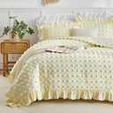 Tufted Dots Ruffle Comforter Set Full/Queen Size, 3 Pieces Yellow Vintage Farmhouse Shabby Chic Comforters, Jacquard Boho Bohemian Bedding Set for All Season (1 Ruffled Comforter+ 2 Pillow Shams)
