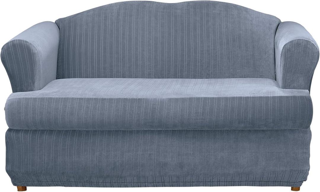 SureFit Stretch Pinstripe T-Cushion Loveseat Two Piece Slipcover, Form Fit, Polyester/Spandex, Machine Washable, French Blue Color (T Cushion Love Seat, Blue)