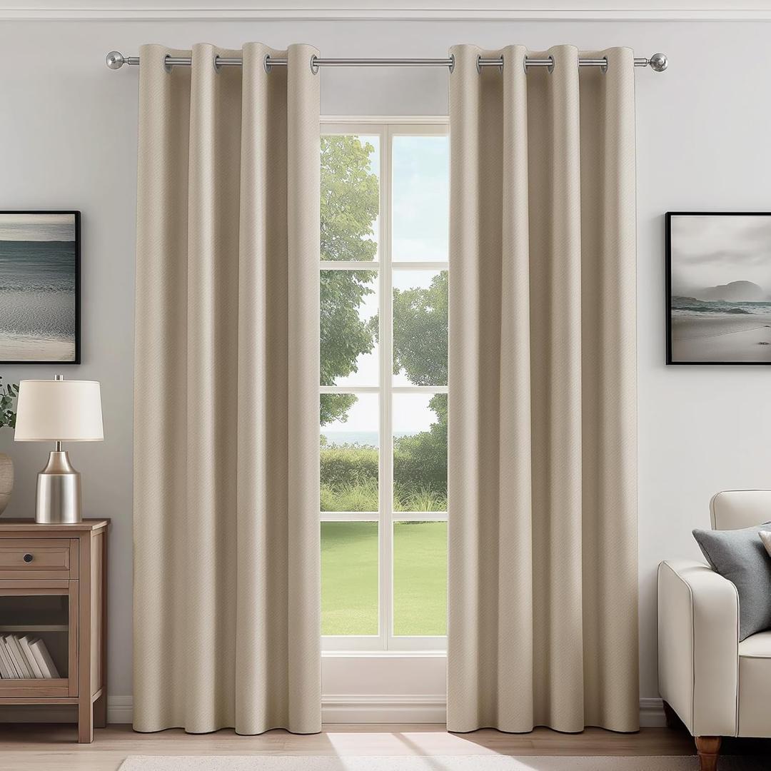 FMFUNCTEX 100% Blackout Curtains for Bedroom, Khaki Curtains 84 Inches Long Textured Thermal Insulated Curtains for Living Room Drapes, Black Out Drapery Grommet Room Darkening 2 Panels
