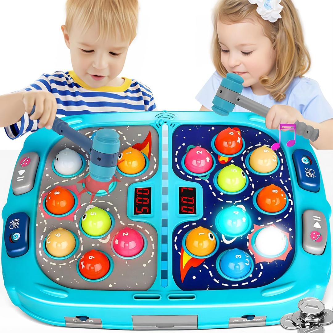 Whack Game Mole for Toddlers, Toys for 3-12 Year Old Boys Girls, Pounding Toys for Age 3-8, Birthday Gifts for 3 4 5 6 7 8+ Year Old Boys Kids, Educational Toy with Sound,Light,PK Mode with 2 Hammers (Blue)