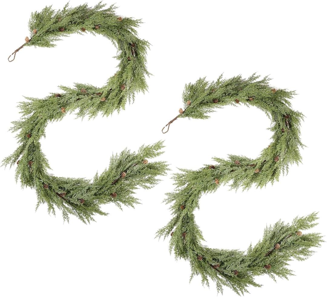 WBHome 2pcs Real Touch Cypress Cedar & Pine Cone Evergreen Garland for Christmas Holiday Seasonal Outdoor/Indoor Home Decor, 9FT Long