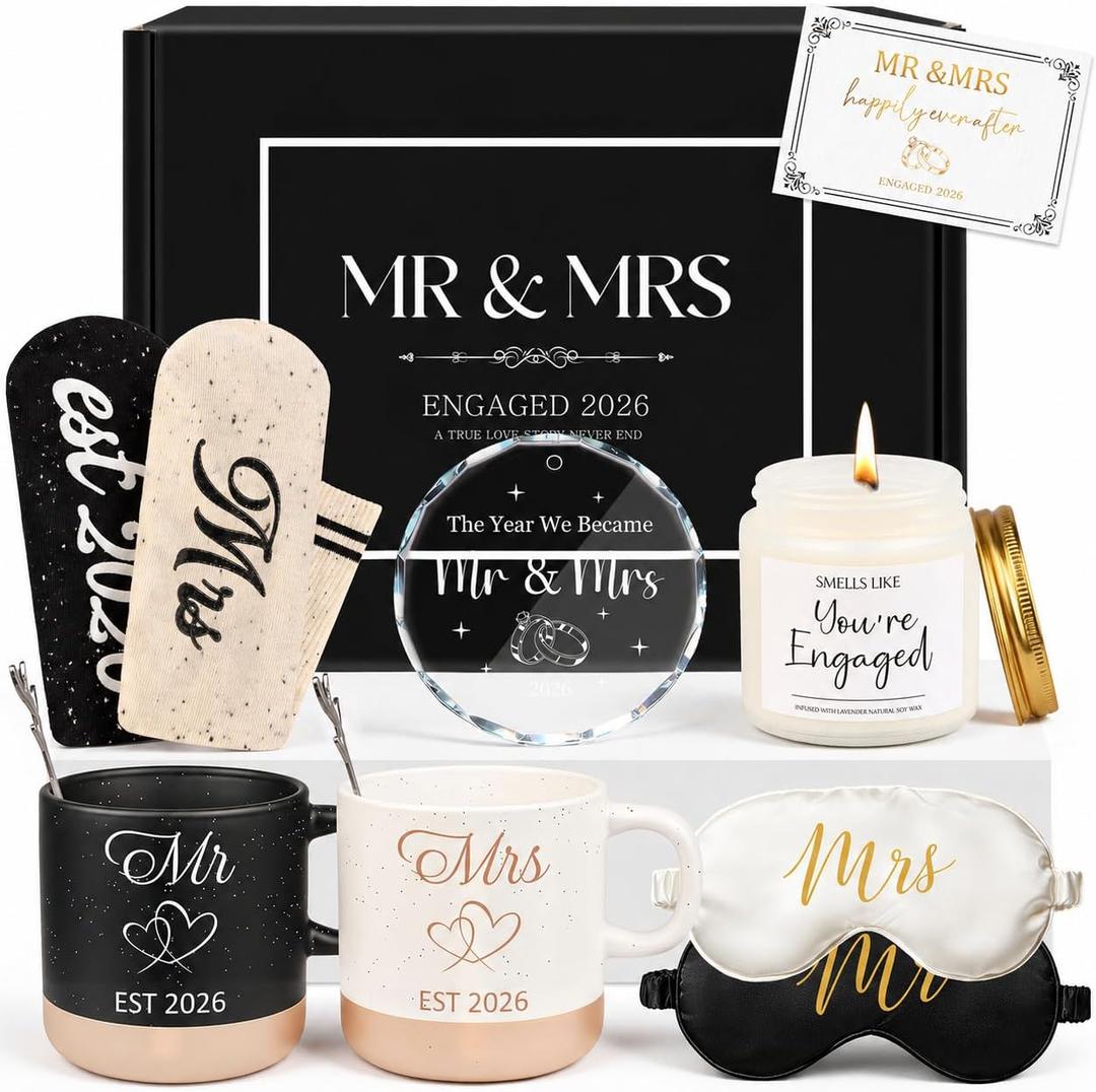 Giftota 2026 Mr & Mrs Gift Set for Couples, Engagement Gift with Mugs, Scented Candle & Crystal Wedding Ornament 2026, Wedding Gift for Newlyweds, Bridal Shower Gift, Engaged 2026