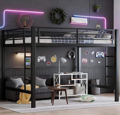 Bellemave Queen Size Loft Bed with 2 Ladder and Guardrails, Metal Loft Bed Frame, for Adults, Kids, Teens, Black
