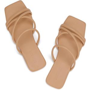 Women's Flat Sandals Strappy Square Open Toe Slide Sandals Dressy Comfortable Wide Feet Friendly (9.5, Nude)