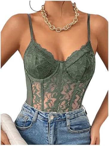 COZYEASE Women's Lace Bustier Cami Bodysuit Plain Sleeveless Slim Fit Sheer Mesh Corset Top Romper Size S