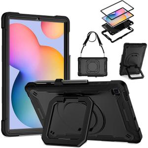 DETUOSI Case Compatible with Samsung Galaxy Tab S6 Lite 10.4 inch 2024/2022/2020 with Shoulder Strap, 3 in 1 Heavy Duty Shockproof Case with 360Rotatable Stand & Pen Holder, Black