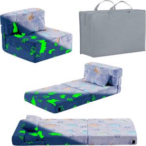 Folding Sofa Bed Floor Mattress for Kids with Pillow - Toddler Glow Washable Nap Mat for Sleeping, Child Fold Up Futon Chair Bed with Storage Bag for Girls Boys (Blue Dinosaur)