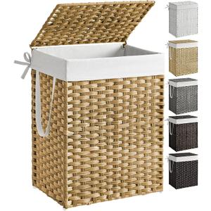 SONGMICS Laundry Hamper with Lid, 23.8 Gallon (90 L) Synthetic Rattan Clothes Laundry Basket with Lid and Handles, Foldable, Removable Liner, Goose Yellow ULCB51NL