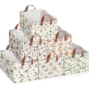 Boao 6 Pack Neutral Winter Storage Baskets for Gifts Empty Collapsible Large Christmas Storage Gift Bins Canvas Laundry Containers Foldable Box with Handle for Office Home Bedroom Clothes