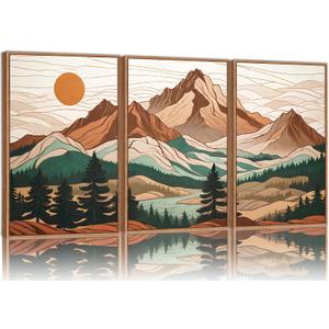 Tinonedraw Mountain Framed Canvas Wall Art Set of 3, Sunrise Forest Woodland Landscape Art Prints, Boho Coloful Ridge Scenery Wall Decor, Wood Pine Wilderness Art Paintings for Living Room Bedroom, Office 16"x24"