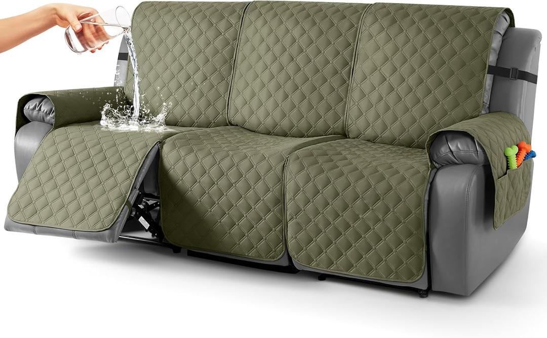 TAOCOCO 100% Waterproof Recliner Covers, Recliner Sofa Covers with Leg Straps, Reversible Recliner Couch Cover for Reclining Chair, Washable Couch Protector for Pets Kids(3 Seater, Gray Green)