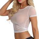 Sheer Mesh Crop Top Short Sleeve Sexy Lingerie T-Shirt White (White)