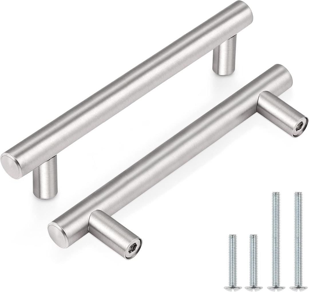 Probrico 10 Pack Euro Style T Bar Cabinet Pulls Stainless Steel Kitchen Handles Dresser Handles Brushed Nickel 3-3/4 Hole Center,6 Inch Overall Length