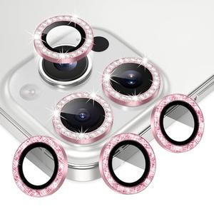 AGVEE 3+3 6 Pack for iPhone 16 Pro 6.3" / 16 Pro Max 6.9" Camera Lens Cover Protector, Bling Diamond & Bling Glitter Metal Ring 9H Tempered HD Glass Camera Cover Protector Film, Bling-Pink