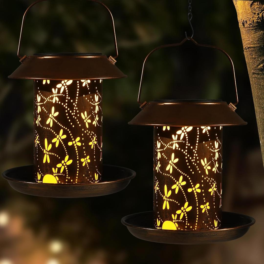 3 x Bird Feeders for Outdoors Dragonfly Solar Lanterns Outdoor Waterproof Garden Decor Gifts for Women Mom Grandma Metal Solar Decoration Outside LED Lanterns for Yard, Patio, Lawn, Pathway(2 Pack)