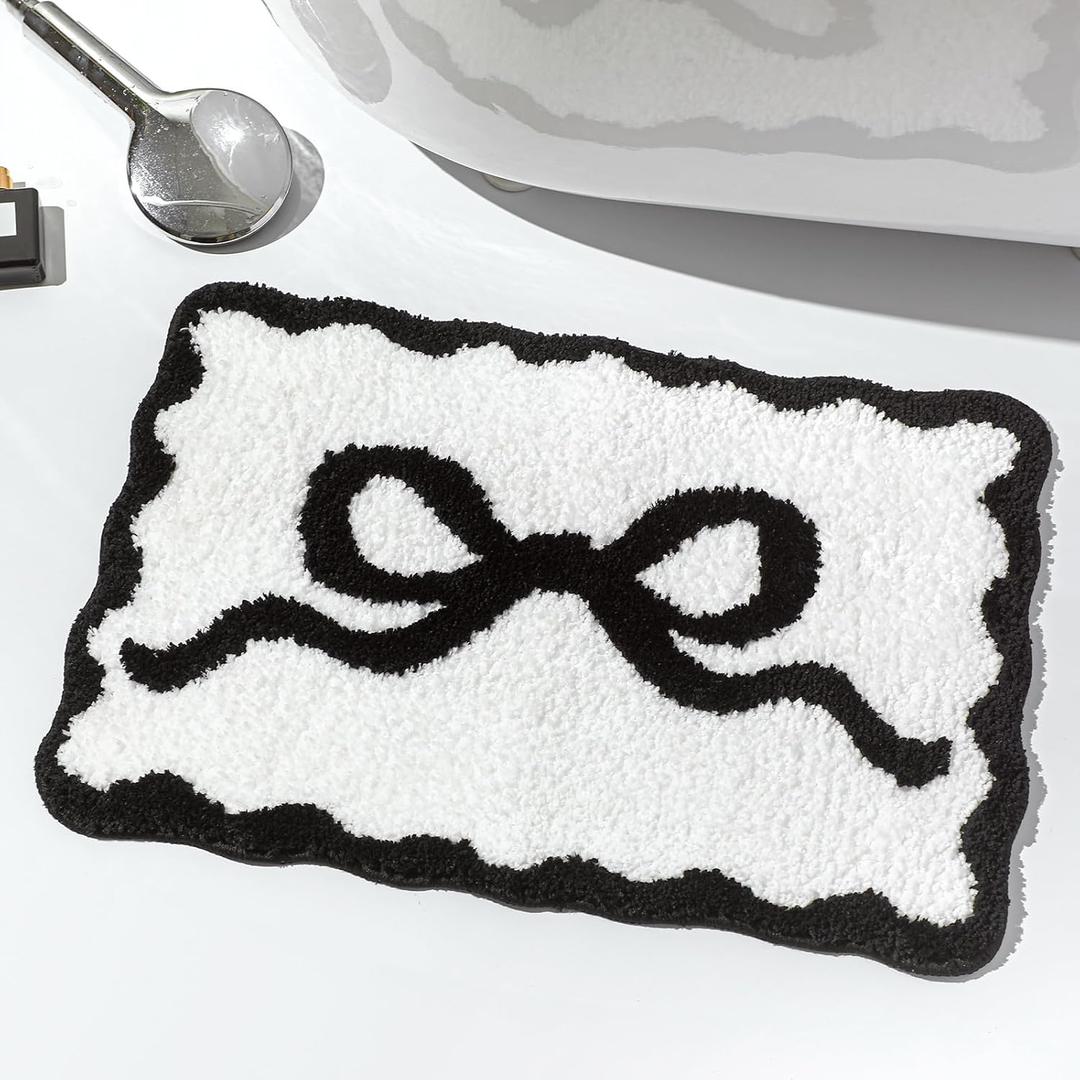 Black Scalloped Bow Bathroom Mat 16" x 24" Non Slip Coquette Bow Rug Cute Aesthetic Scallop Carpet Preppy Room Decor Microfiber Absorbent Bath Rug for Bathroom Bathtub Shower Bedroom