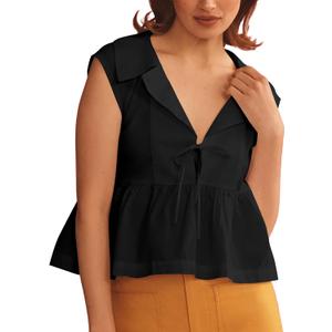 Summer Babydoll Blouse Shirts for Women Casual Sleeveless V Neck Blouse Tank Tops Y2k Going Out Tops (Black, S)