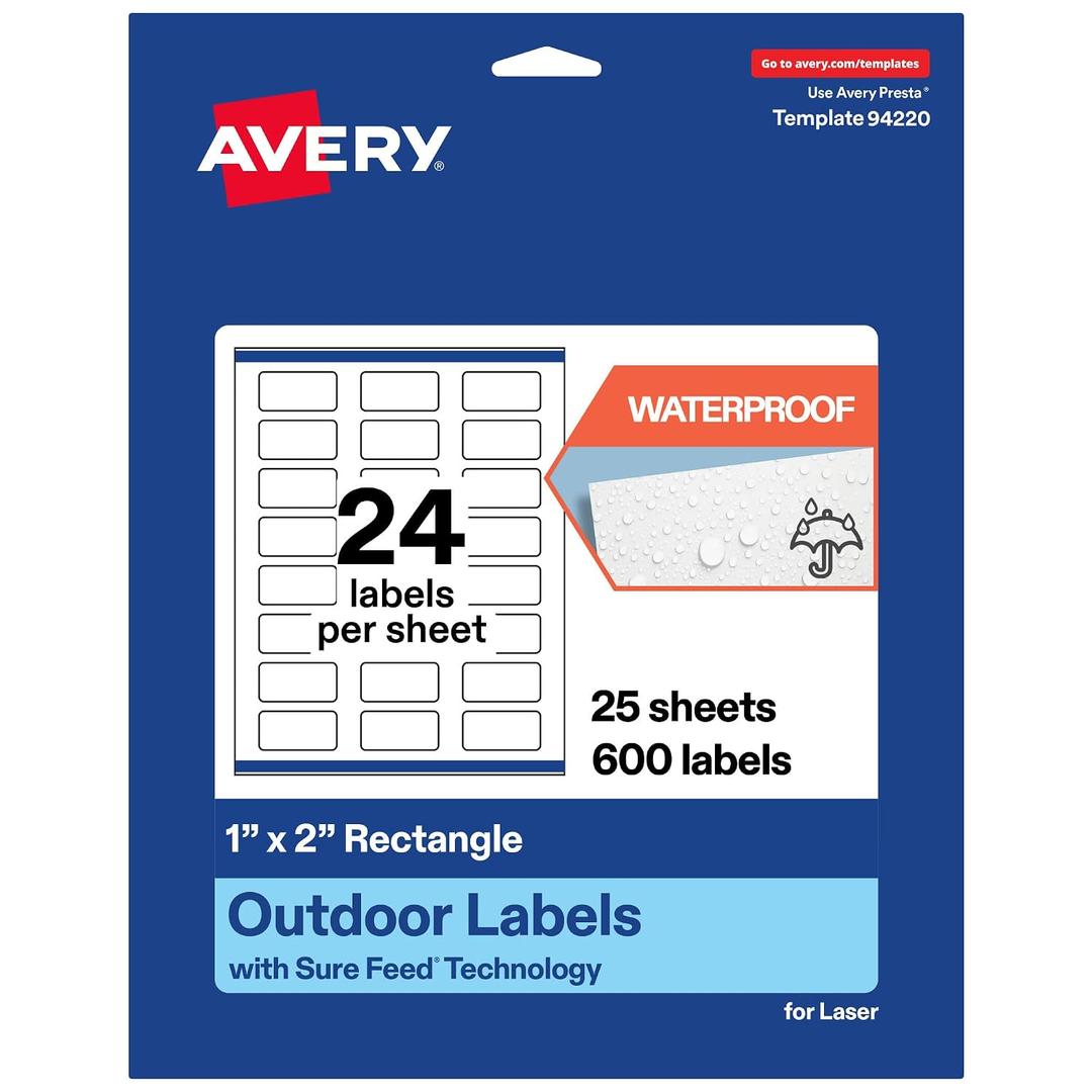 Avery Outdoor Waterproof Rectangle Labels with Sure Feed Technology, 1" x 2", White Film, Print-to-The-Edge, Compatible with Laser Printers, 600 Labels Total