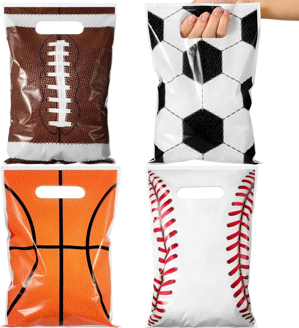 Funrous 100 Pcs Football Sports Party Favor Bags Soccer Candy Gift Plastic Goodie Treat Bags Bulk with Handles for Baseball Basketball Theme Event Gift Bag Birthday Supplies Decorations