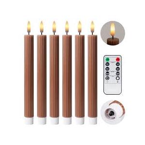 Girimax Brown Ribbed Flameless Taper Candles with Remote, Flickering LED Wax Candlesticks Battery Operated Set of 4
