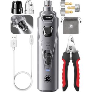 Whisper Quiet Dog Nail Grinder with 4 LED Lights, Safe & Stress-Free for Sensitive Dogs Cats of All Breeds & Sizes, 3 Grinding Bits, 3-Speed, Pet Nail Trimmers, Rechargeable Painless Grooming Kit Grey