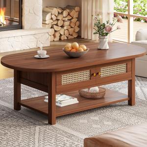 LVB Rattan Coffee Table, Boho Wood Living Room Table with Storage, Oval Modern 2-Tier Cocktail Tea Table with Doors & Open Shelf, Farmhouse Vintage Center Tables for Bedroom Office, Walnut, 47Inch