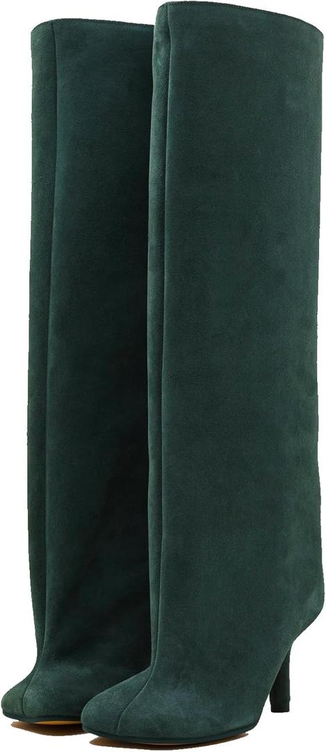 Women's Knee High Suede Boots for Women Wide Calf Square Toe Stiletto Heels Tall Boots Pull On High Heel Long Booties (9, Green)