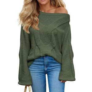 Saodimallsu Womens Off One Shoulder Sweaters Boat Neck Cable Knit Long Lantern Sleeve Loose Fall Trendy Pullover Tops (Medium)