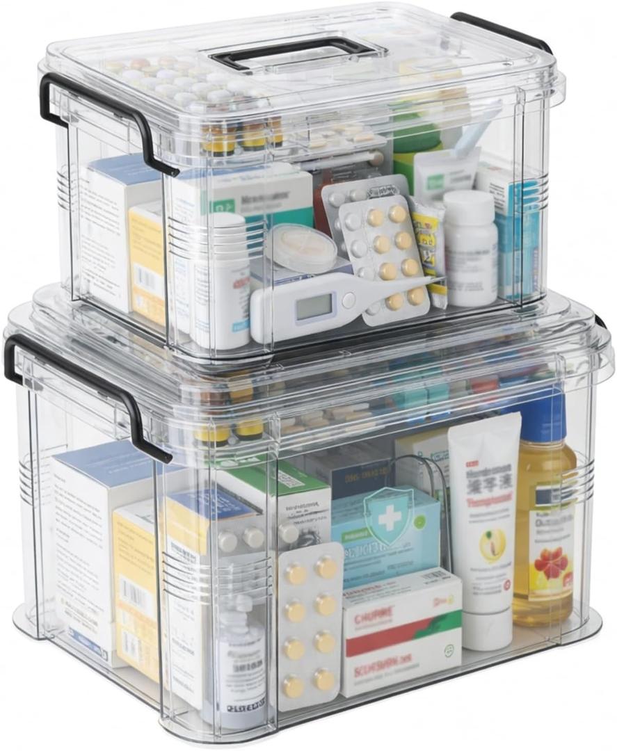2 Pack First Aid Kit and Travel Medicine Organizer Storage Box,Home Medicine Cabinet With Lock Lid & Handle,Clear Plastic First Aid Box Empty,Medicines Supply Container Caddy for Family