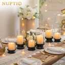 NUPTIO Hurricane Glass Candle Holder: Set of 2 Black Pillar Candle Holders with Glass Cylinder - Metal Pillars Candleholder for Halloween Thanksgiving Fireplace Living Room Decor