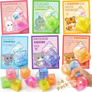 Valentines Day Cards for Kids School, 24 Pcs Ice Cube Shaped Squeeze Balls with Cards, Stress Relief Fidget Toys in 6 Glitter Colors, Ideal for Classroom Exchange Prizes, Valentines Party Favors