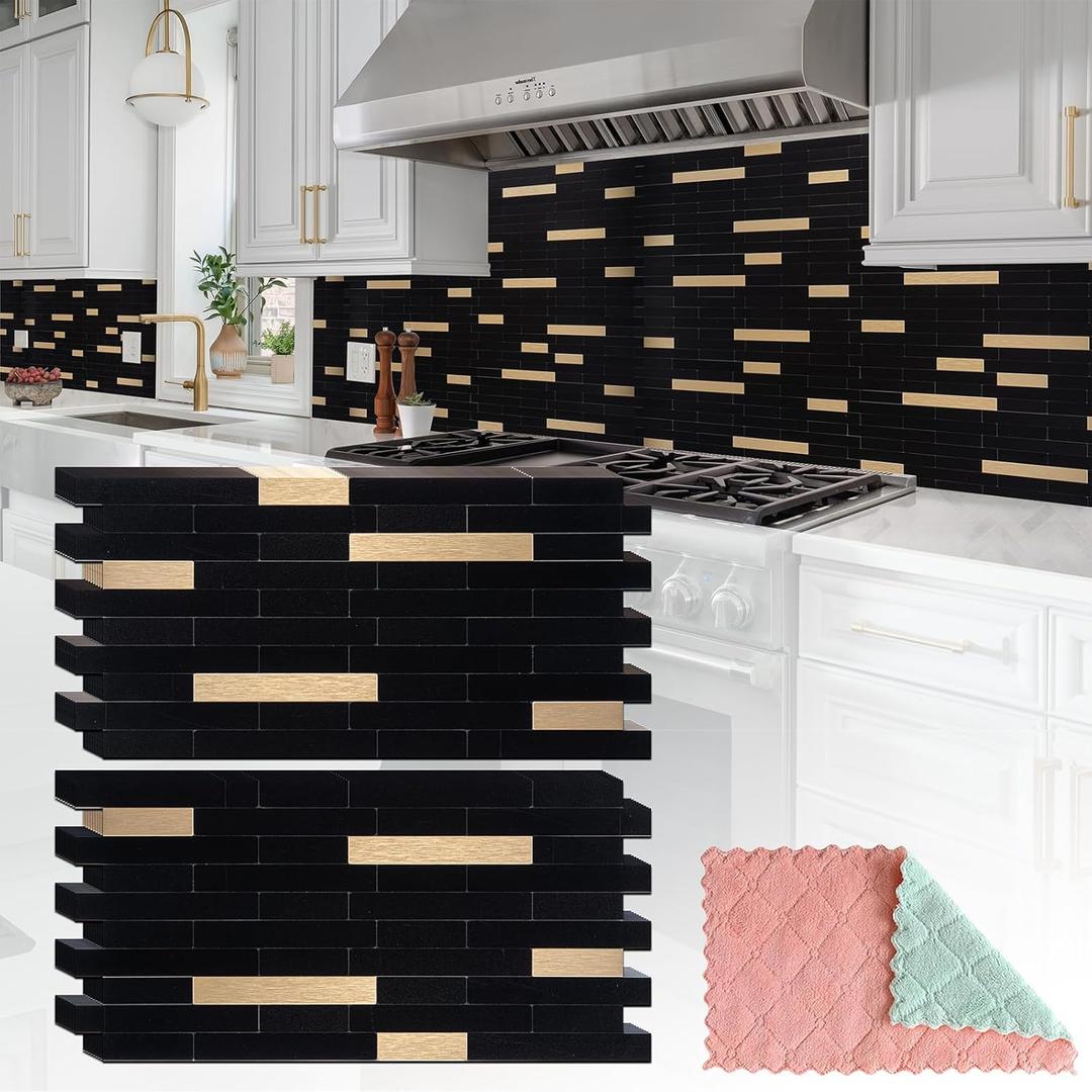 20 Sheets Peel and Stick Tile Backsplash, Black with Metal Gold Look Stick on Tile Upgrade Your Kitchen Backsplash, RV, Fireplace