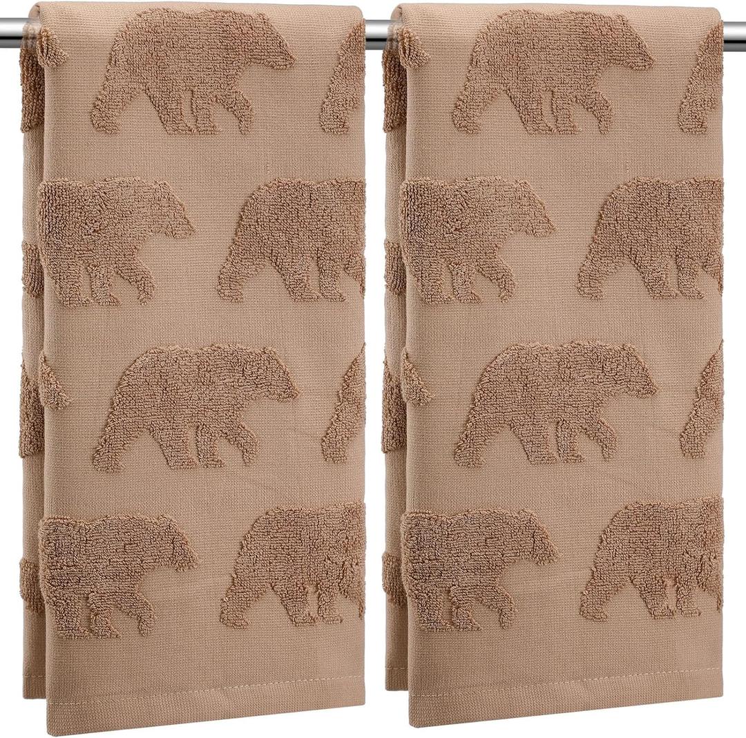 2 Pcs Bear Hand Towels for Bathroom, Brown Cabin Bear Woodland 100% Cotton Absorbent Jacquard Weave Decorative Towels for Bathroom Kitchen Decor Gift, 13.7 x 29.5 Inch
