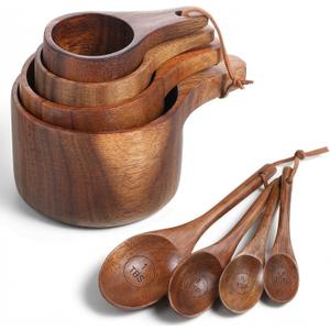 8 Pcs Wooden Measuring Cups And Spoons Set, Solid Acacia Wood, Laser Engraved Measurements, Nesting Design, Kitchen Accessories for Dry Ingredients, Baking and Cooking