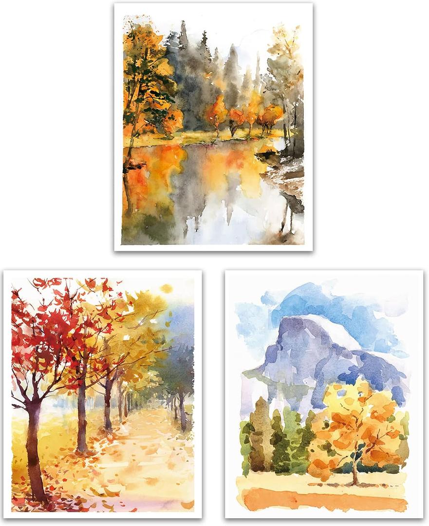 Autumn Decor Autumn Art Prints Wall Art Watercolor Fall Decor Rustic Home Wall Decor Paintings Thanksgiving Decorations (8x10 inch,3 PCS,Unframed) (White)
