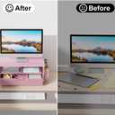 gianotter Wood Monitor Stand Riser, Desk Organizer with Drawer and 2 Pen Holders, 2-Tier Workspace Organizer for Office Supplies(Pink Wood)