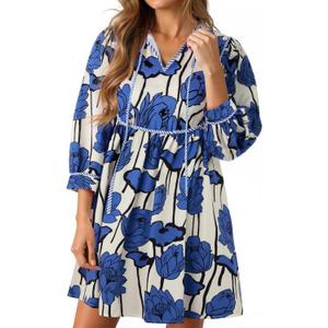 Cicy Bell Womens Floral Mini Dresses 3/4 Balloon Sleeve V Neck Flowy Babydoll Dress Summer Beach Vacation Boho Outfits (Blue, S)