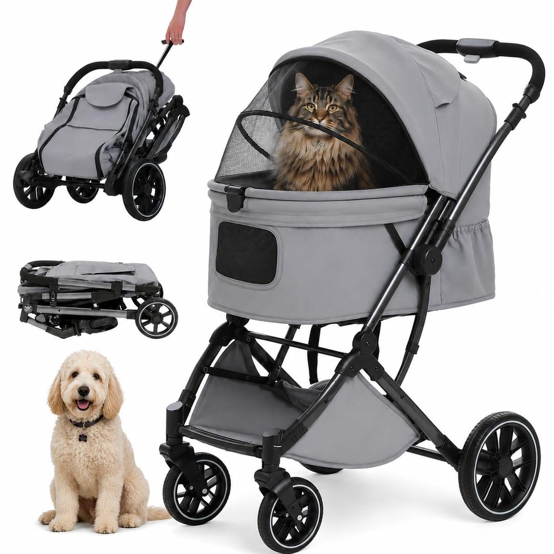 MUTTROS Pet Stroller for Dogs & Cats, 66lbs, Gray | One-click fold; 66lbs capacity; All-terrain wheels; Shock-absorbing wheels; Reversible handle; Washable pad