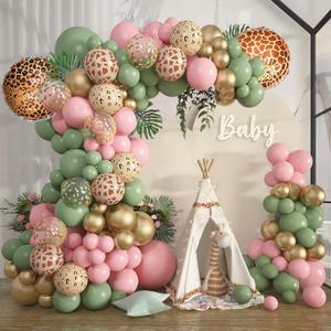 Amandir 170Pcs Jungle Safari Balloons Garland Arch Kit Animal Printed Pink Sage Green Balloons Wild One Giraffe Leopard Safari Baby Shower Decorations for Girl Birthday Party Supplies