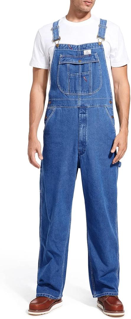 HISEA Men's Denim Bib Overall, Mens Relaxed Fit Overall Midweight Workwear with Adjustable Straps and Convenient Tool Pockets, Stone Washed Blue, 32W x 30L