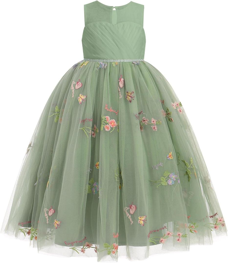 IBTOM CASTLE Kids Flower Girl Dress Embroidery Sleeveless Birthday Dress Lace Tulle Party Dress Bridesmaid Wedding (5-6 Years, Green)