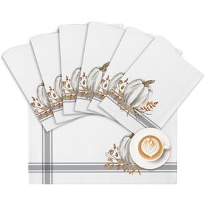 Fall Placemats Thanksgiving White Pumpkin Leaf Branch Tablemats for Dinner Table Gray Stripes Autumn Table Mats for Thanksgiving Day Holiday Cotton Linen Washable Set of 6