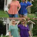 VISLILY Plus-Size-Womens-Summer-Tops Cute Henley V Neck T Shirts Dressy Lace Short Sleeve Blouse Trendy Casual Pleated Tunics (Blue, XL)