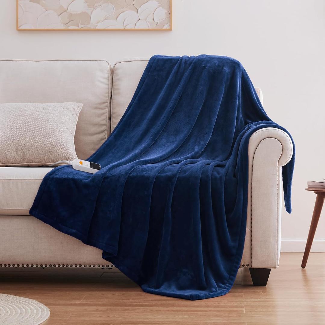 Sealy Heated Blanket Electric Throw 50"x60", Soft Double Flannel Electric Blanket with 6 Heat Levels & 2-10 Hours Auto Shut Off, Machine Washable, Even Heat Distribution, Navy