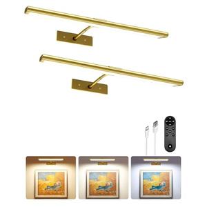 EZVALO Picture Light for Wall, 4800mAh Rechargeable Wireless IR Remote Control, 16'' Dimmable Magnetic LED Art Display Light with 3 Color Temperatures, for Gallery, Living Room, Bedroom(Gold-2Pack)