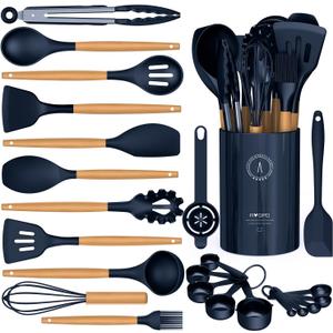 Silicone Cooking Utensils Set - Silicone Kitchen Utensils for Cooking Wooden Handles, 446F Heat Resistant Kitchen Utensil Spatula Sets w Holder, Gadgets for Non-Stick Cookware BPA FREE (Navy Blue)
