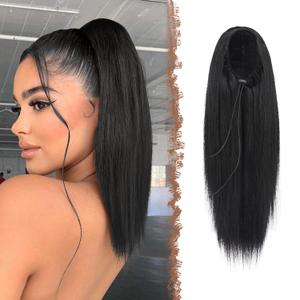 FESHFEN Straight Ponytail Extensions Long Drawstring Natural Synthetic Pony Tail Hair Pieces Clip in Ponytails Hairpieces for Women, Natural Black 16 inch