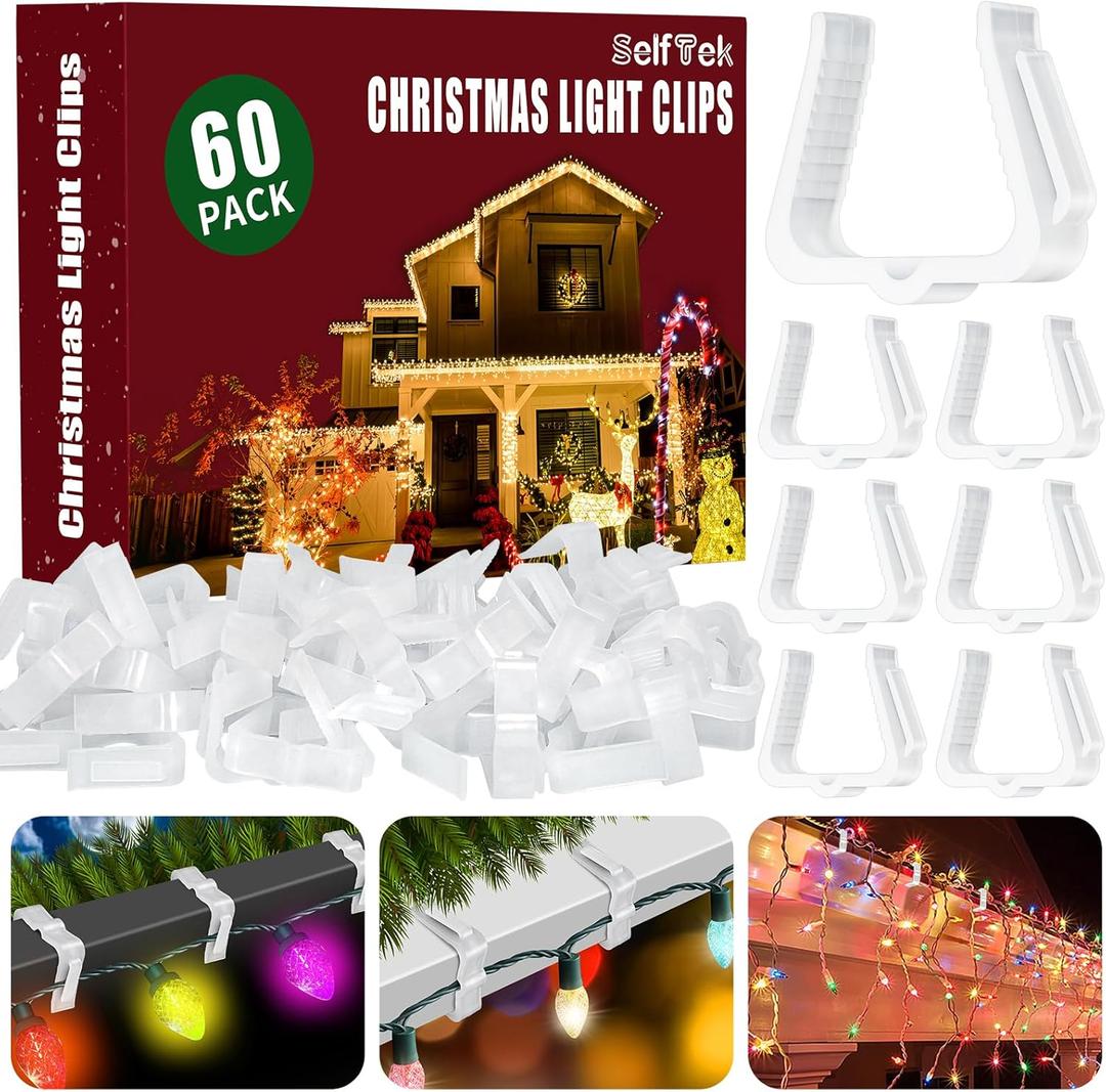 SelfTek 60 Pcs Christmas Light Hooks, 1 5/8" Fascia Board Clips, Weatherproof Plastic Gutter Clips for Hanging Outdoor Holiday Lights (White)